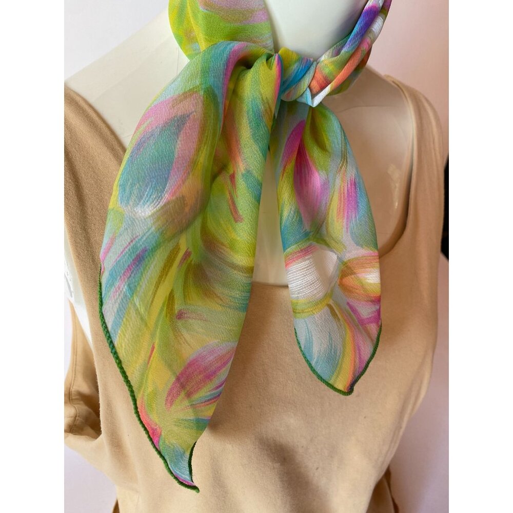 Vintage Multi-color Floral Silk Scarf With Green Edge